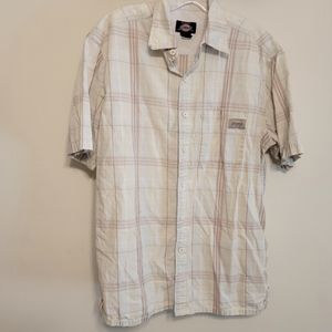 Dickies Brand Button Down Creme & Brown Plaid Short Sleeve Shirt RN 59543 Medium